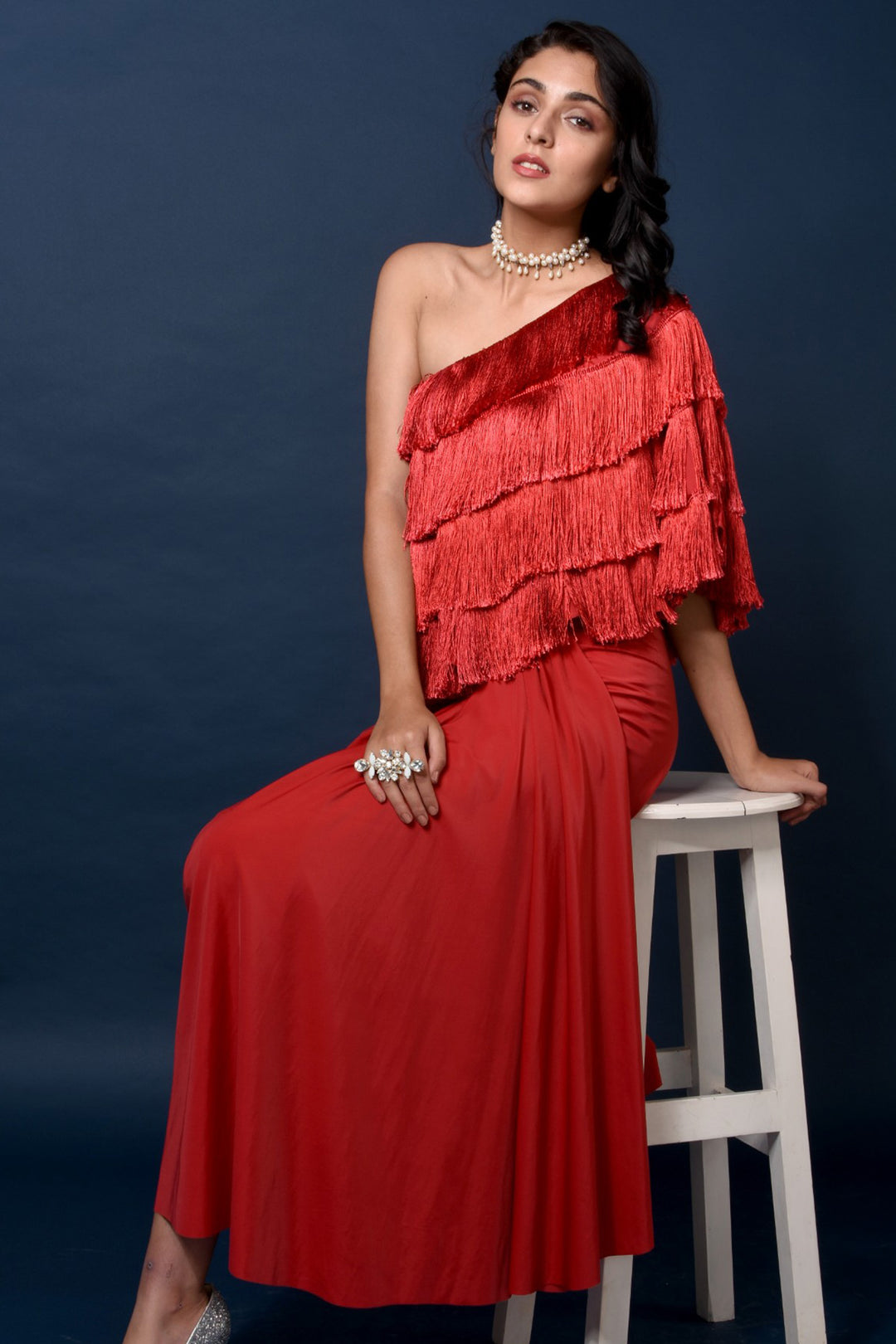 Red Tassel One Shoulder Cape And Drape Skirt