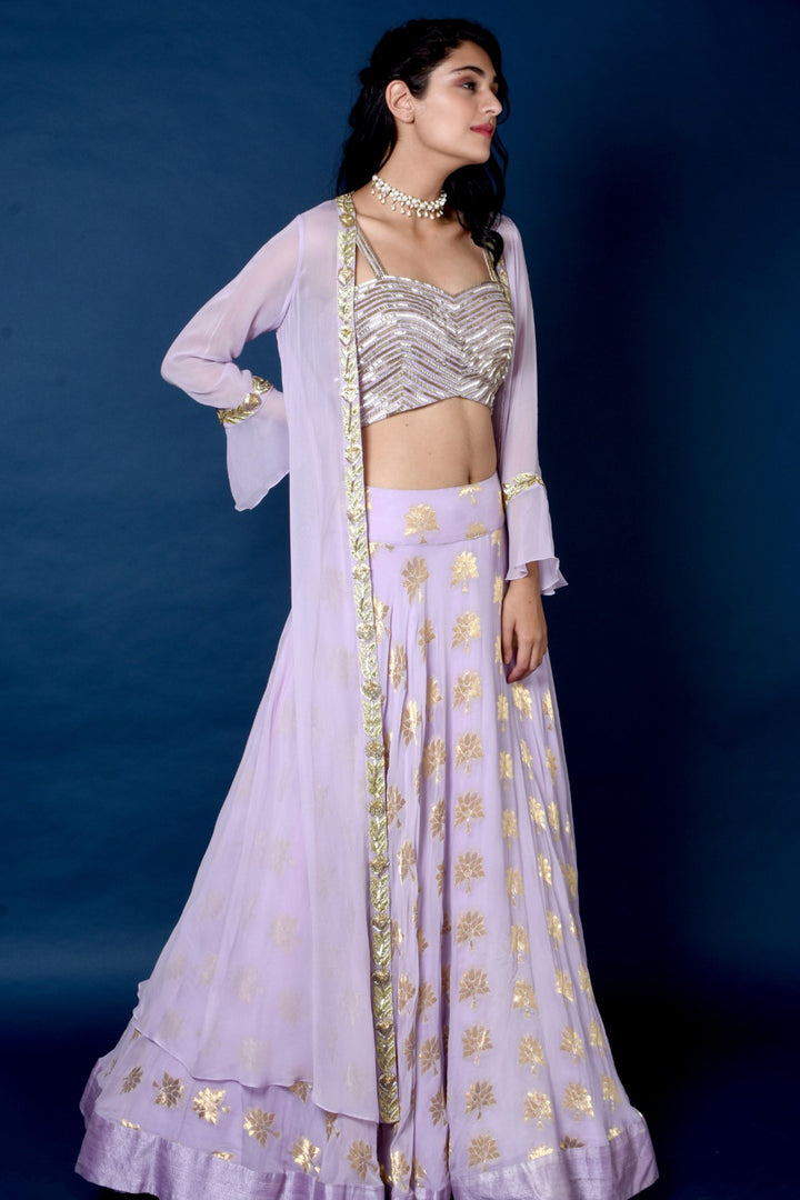 Lavender Banarasi Lehenga With Cape