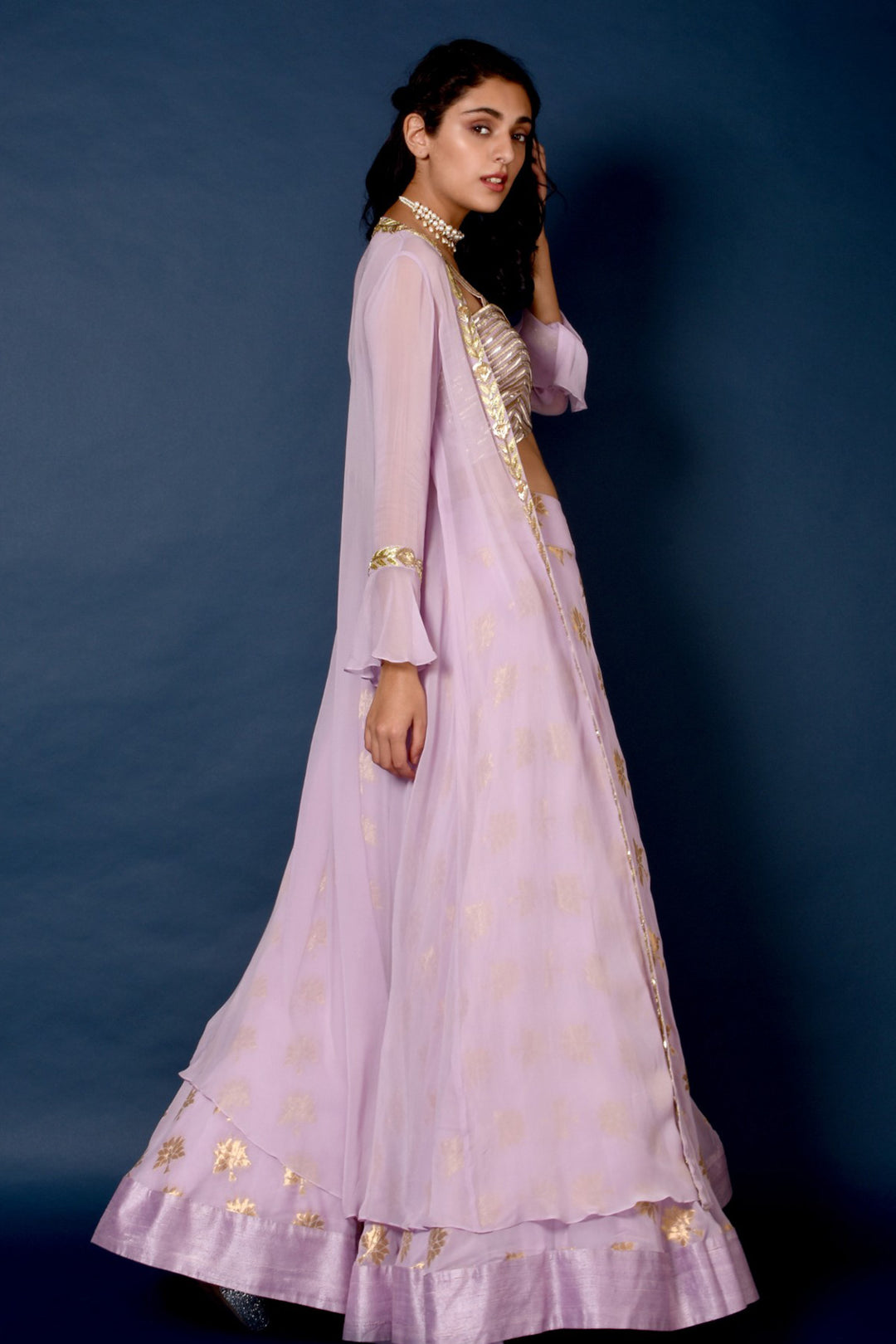 Lavender Banarasi Lehenga With Cape