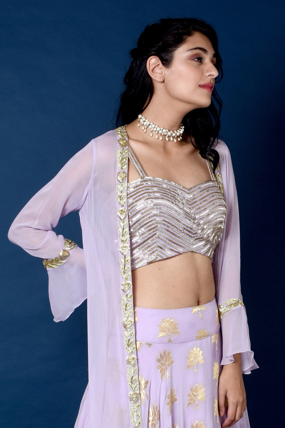 Lavender Banarasi Lehenga With Cape