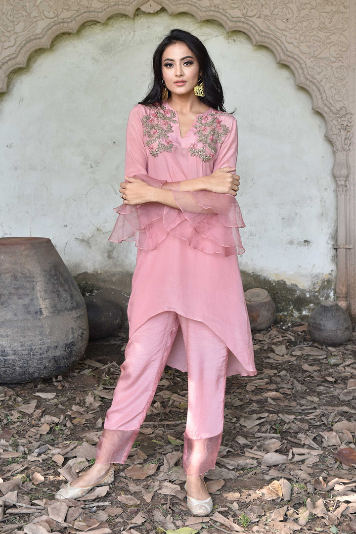 Pink Ruffle Sleeve High-Low Kurta Set