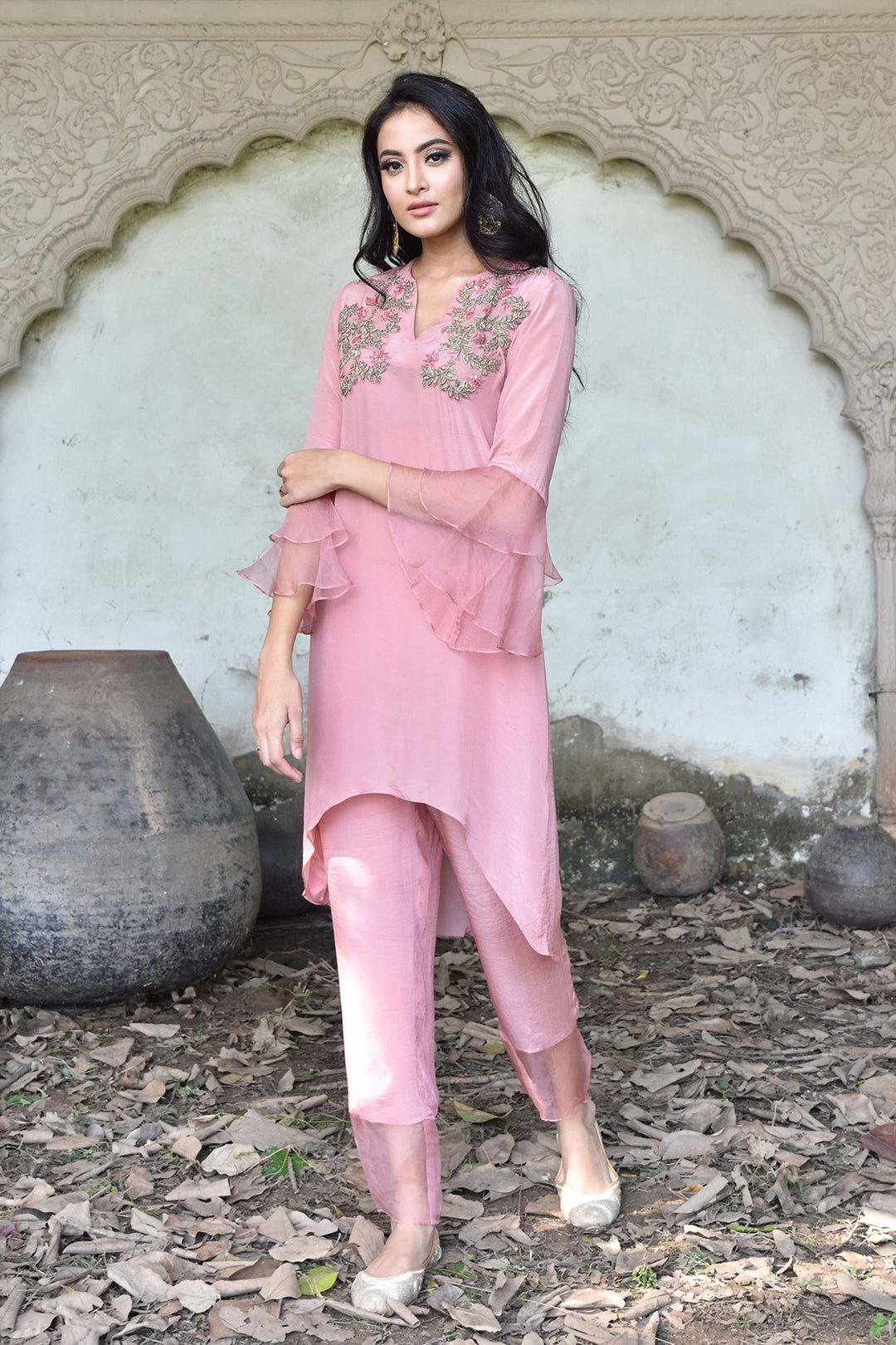 Pink Ruffle Sleeve High-Low Kurta Set