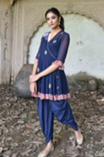 Navy Blue Embroidered Kurta With Dhoti Pants And Inner