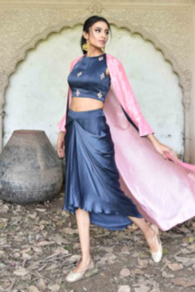 Blue Embroidered Crop Top With Skirt And Pink Jacket