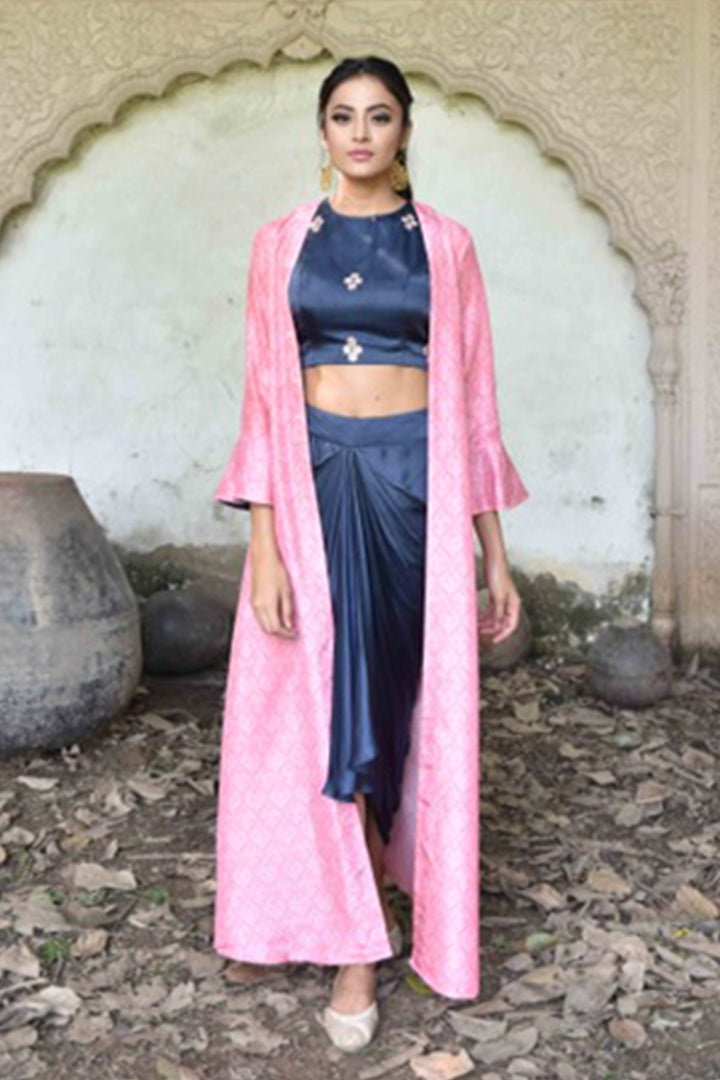 Blue Embroidered Crop Top With Skirt And Pink Jacket