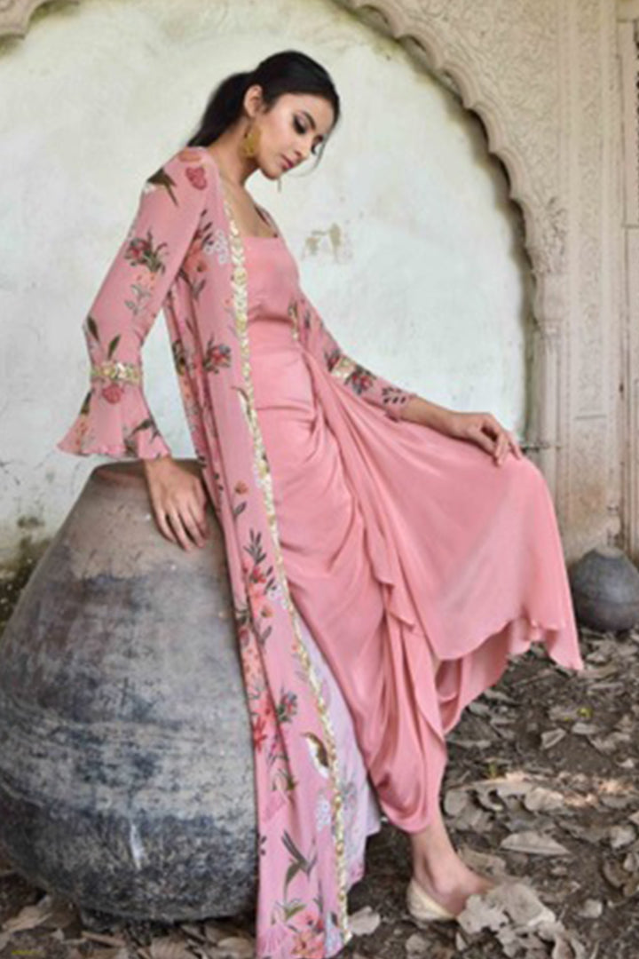 Pink Draped Dress With Cape Jacket