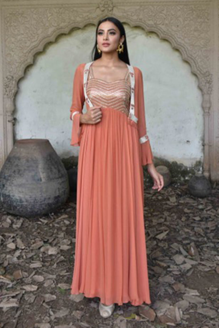 Rust Anarkali With Jacket