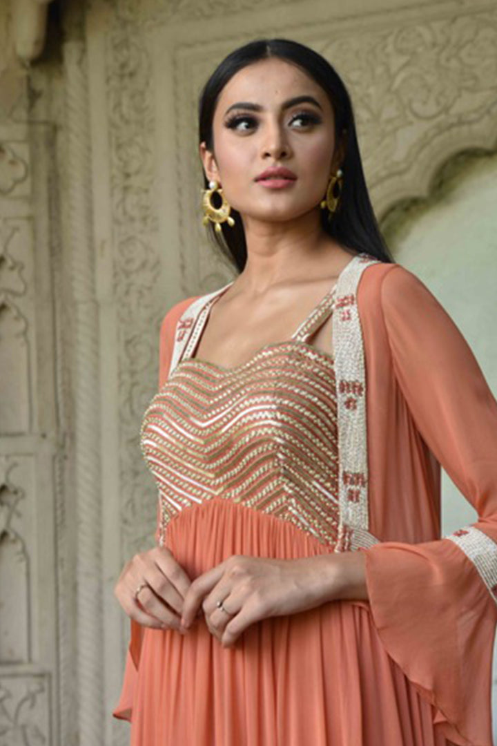 Rust Anarkali With Jacket