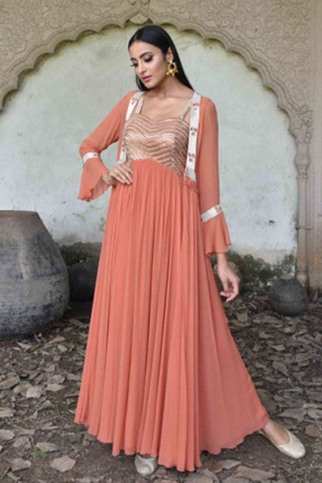 Rust Anarkali With Jacket