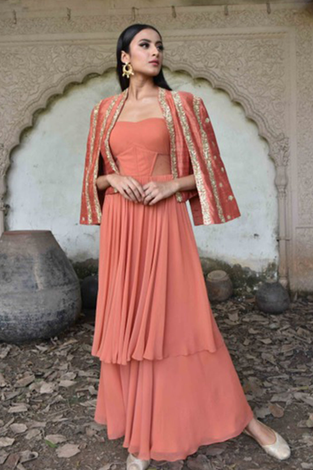 Layered Bandeau Anarkali With Cape Sleeve Jacket