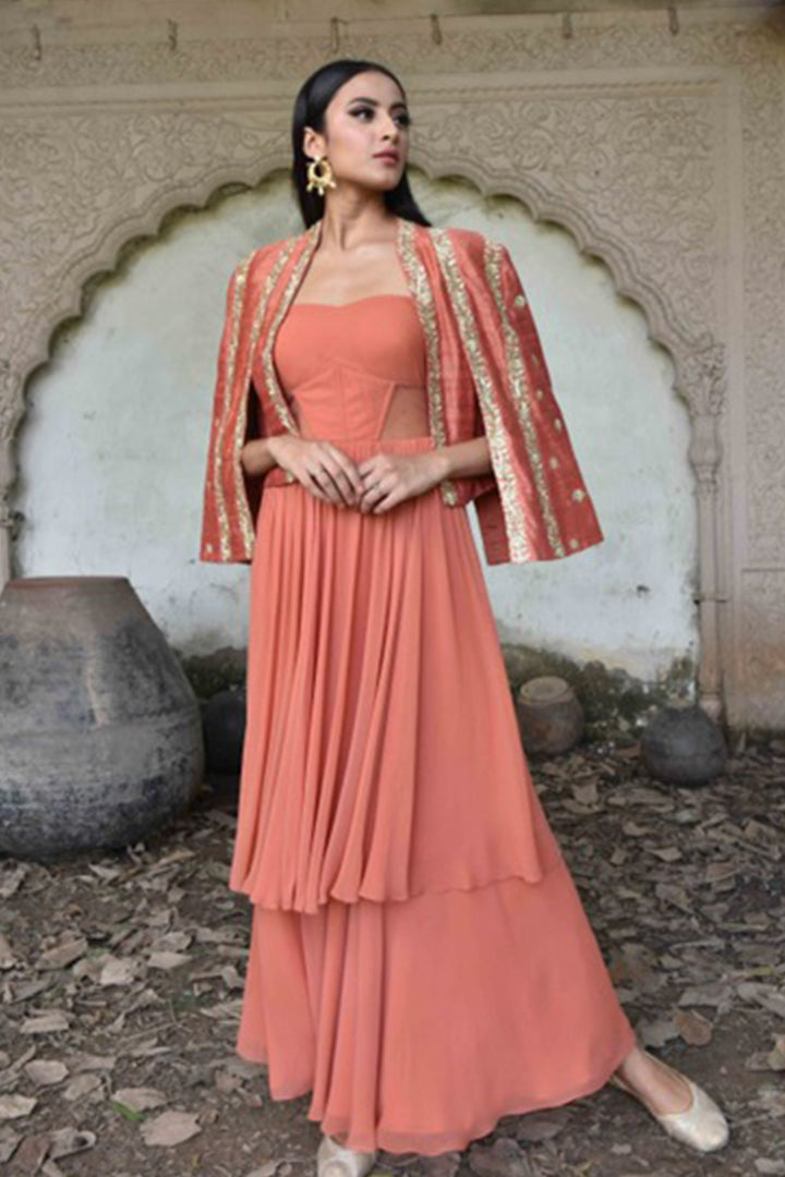 Layered Bandeau Anarkali With Cape Sleeve Jacket