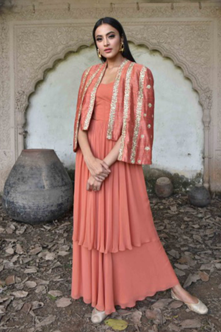 Layered Bandeau Anarkali With Cape Sleeve Jacket