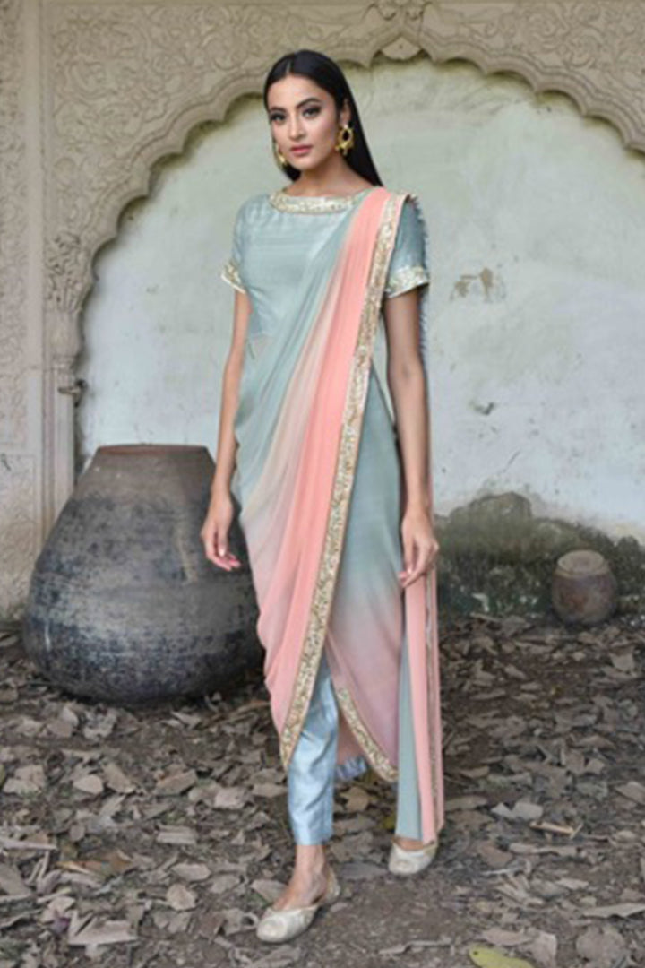 Peach And Sage Green Embroidered Drape Saree With Pants