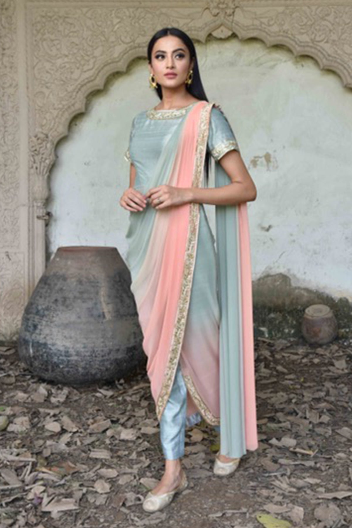 Peach And Sage Green Embroidered Drape Saree With Pants
