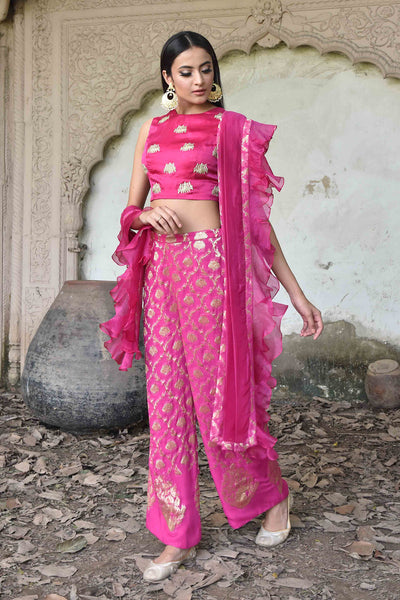Rani Pink Embroidered Crop Top With Pants And Dupatta