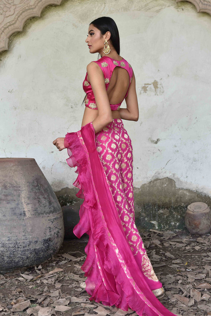 Rani Pink Embroidered Crop Top With Pants And Dupatta