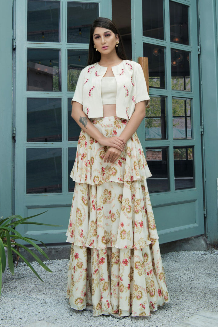 Cream Embroidered Print Skirt With Blouse And Jacket