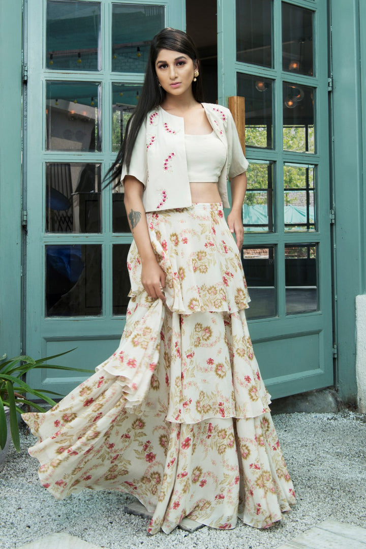 Cream Embroidered Print Skirt With Blouse And Jacket