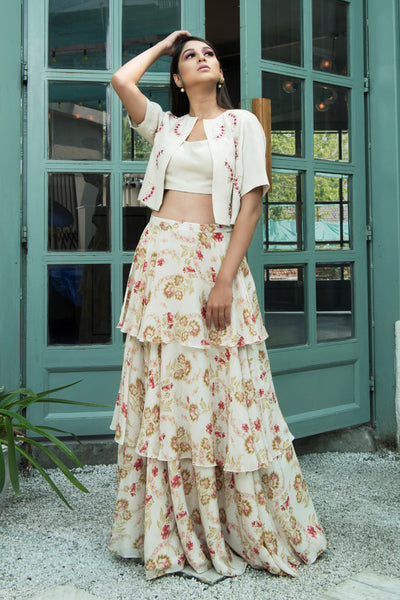 Cream Embroidered Print Skirt With Blouse And Jacket