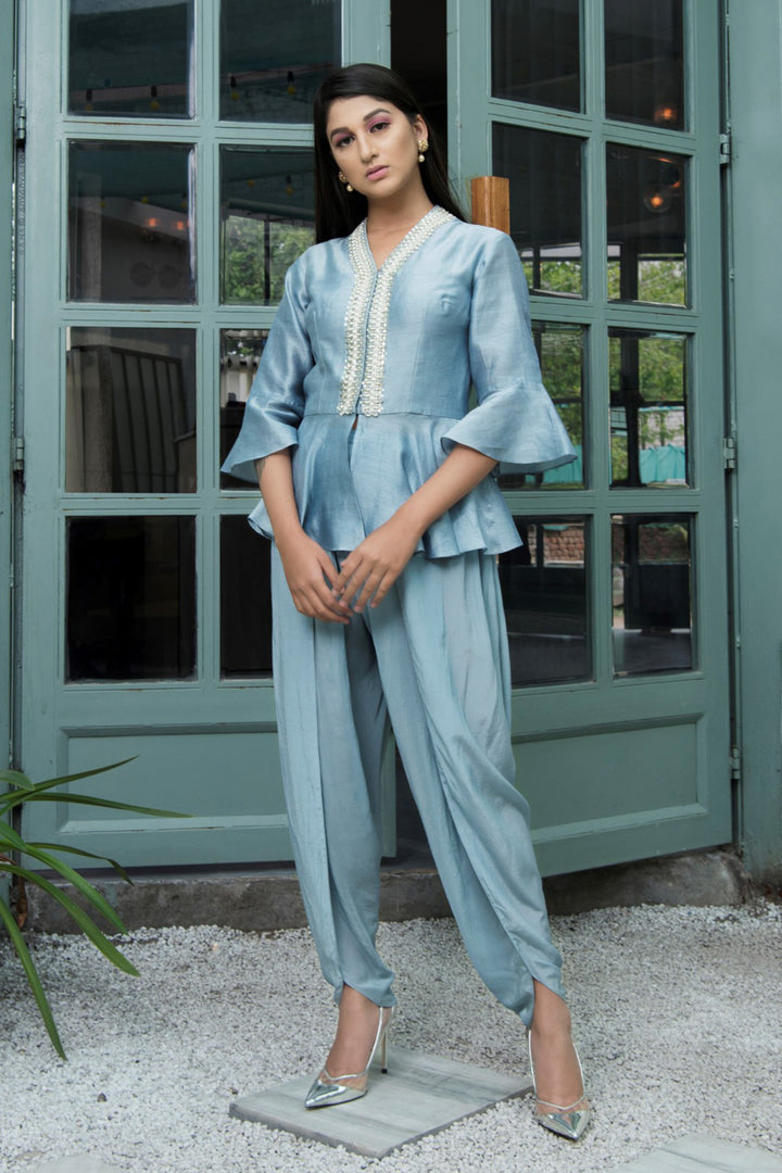 Powder Blue Peplum Top With Dhoti Pants