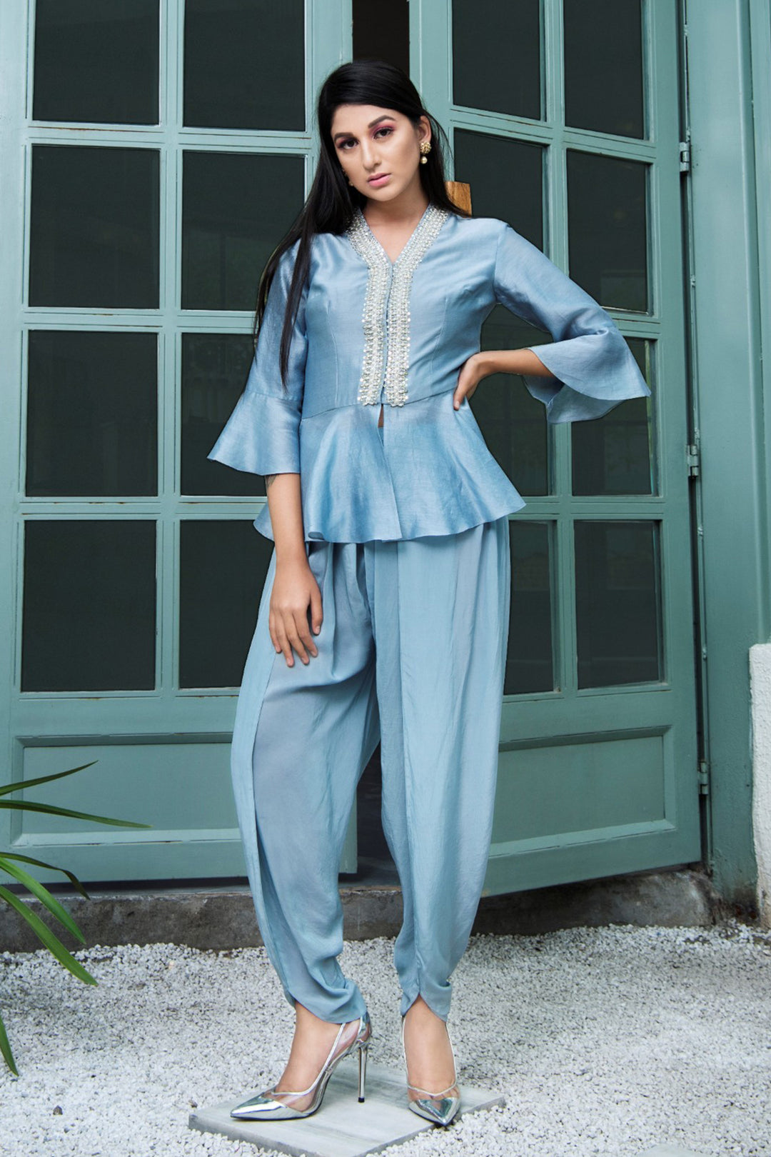 Powder Blue Peplum Top With Dhoti Pants