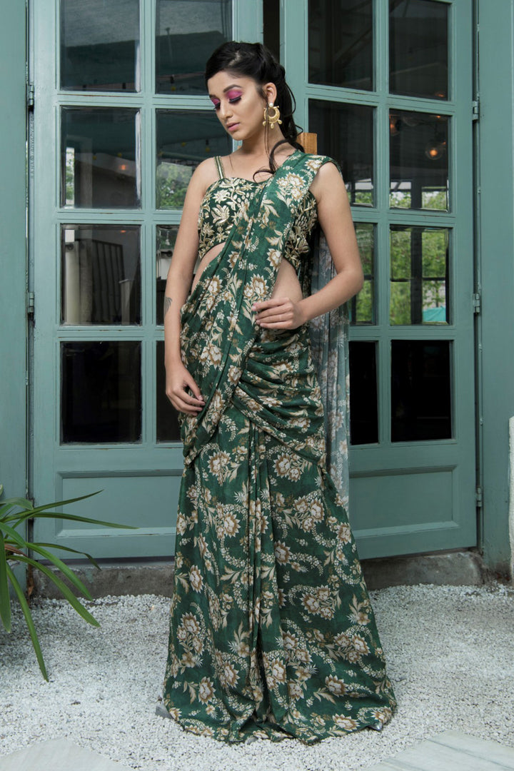 Green Printed Embroidered Saree Set