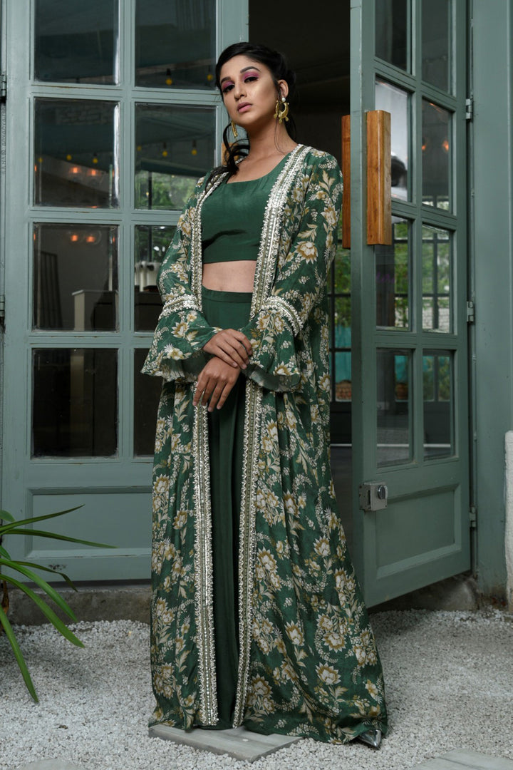 Green Printed Jacket With Palazzo Pants And Crop Top