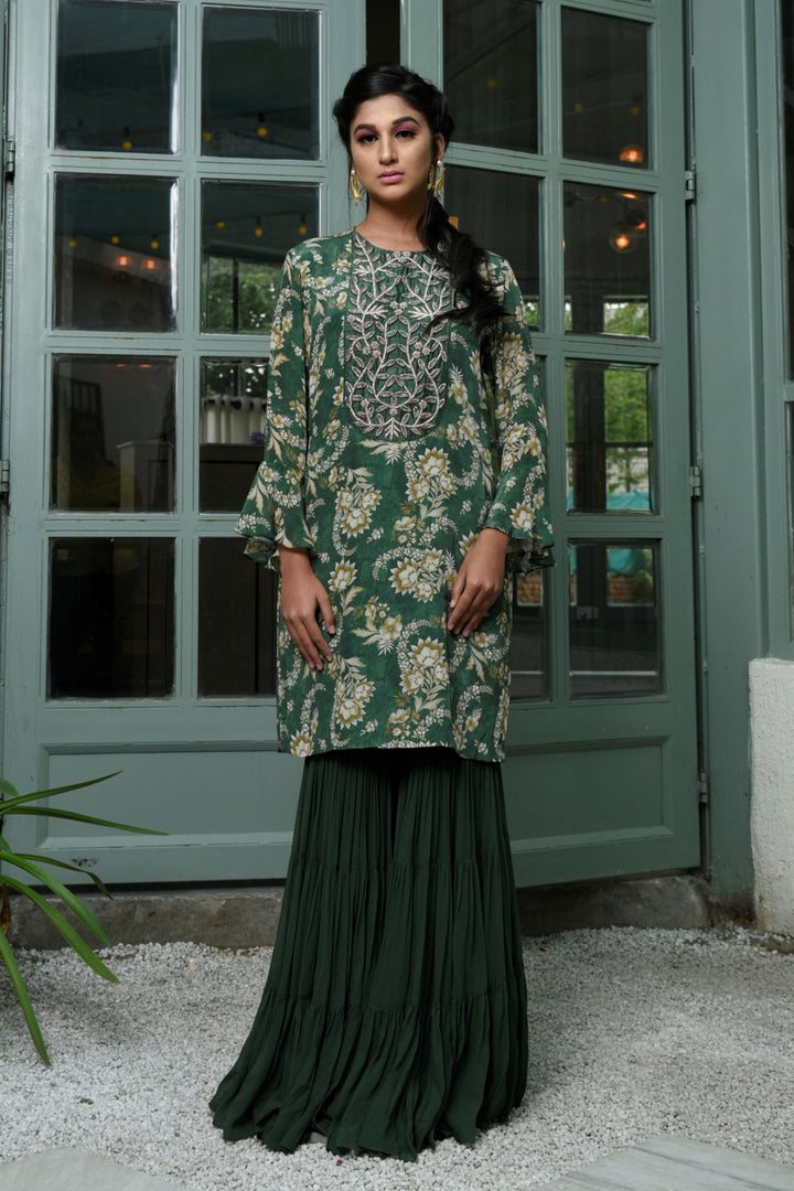 Green Embroidered Printed Kurta With Sharara Pants