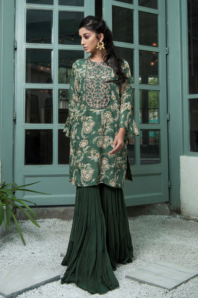Green Embroidered Printed Kurta With Sharara Pants