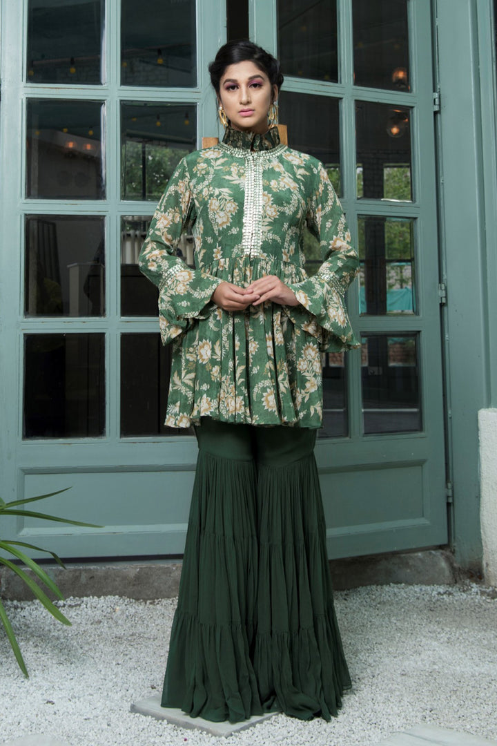 Green Printed Gathered Jacket With Sharara