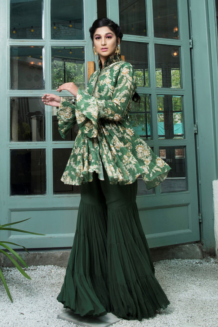 Green Printed Gathered Jacket With Sharara