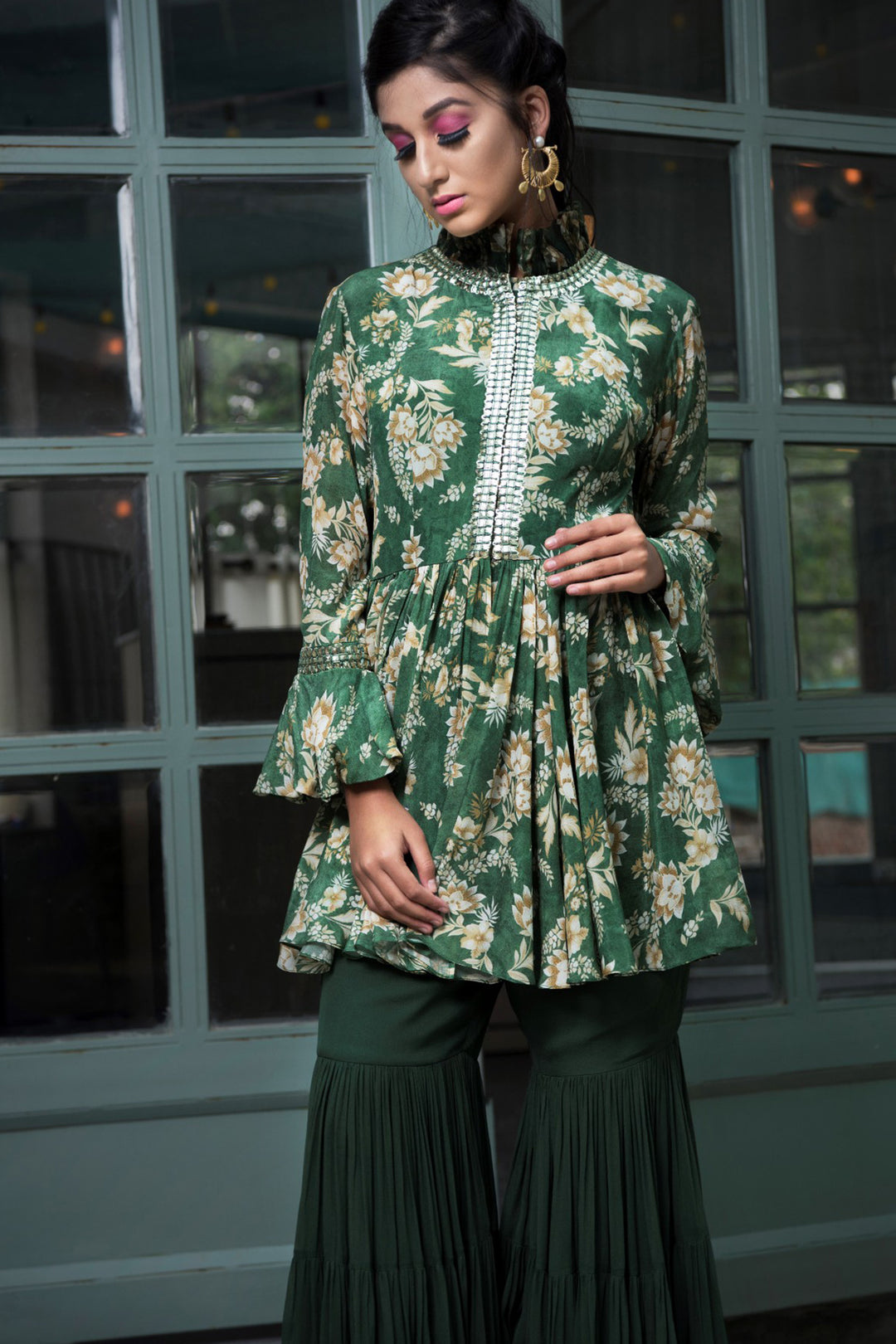 Green Printed Gathered Jacket With Sharara