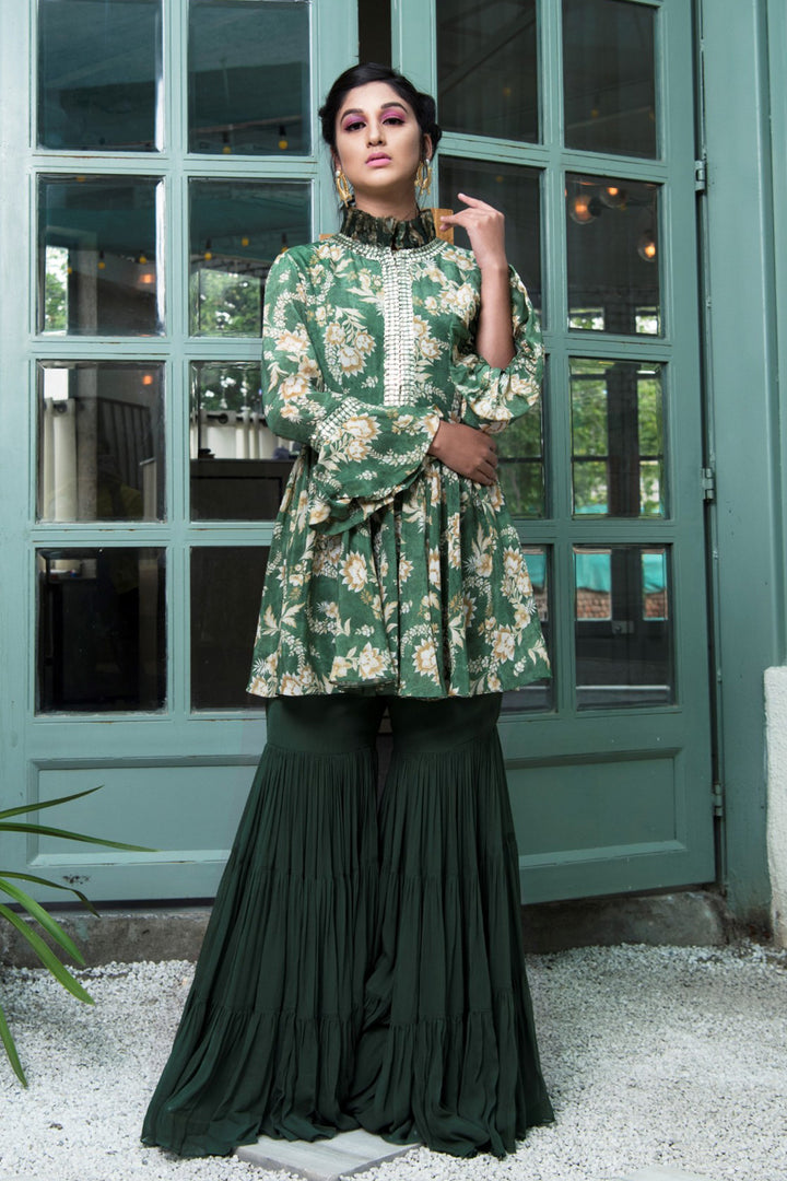 Green Printed Gathered Jacket With Sharara