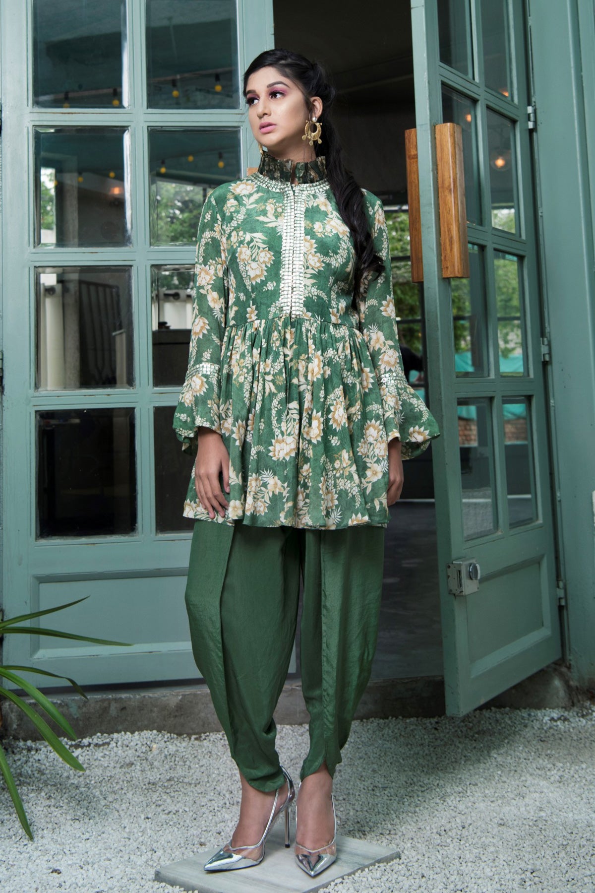 Green Printed And Embroidered Jacket With Dhoti Pants