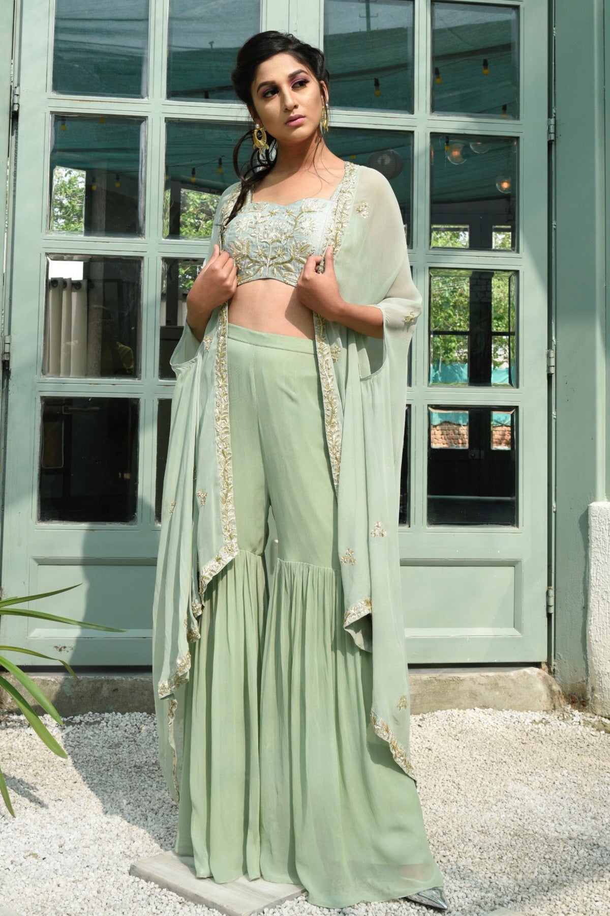 Sage Green Embroidered Sharara Set With Cape