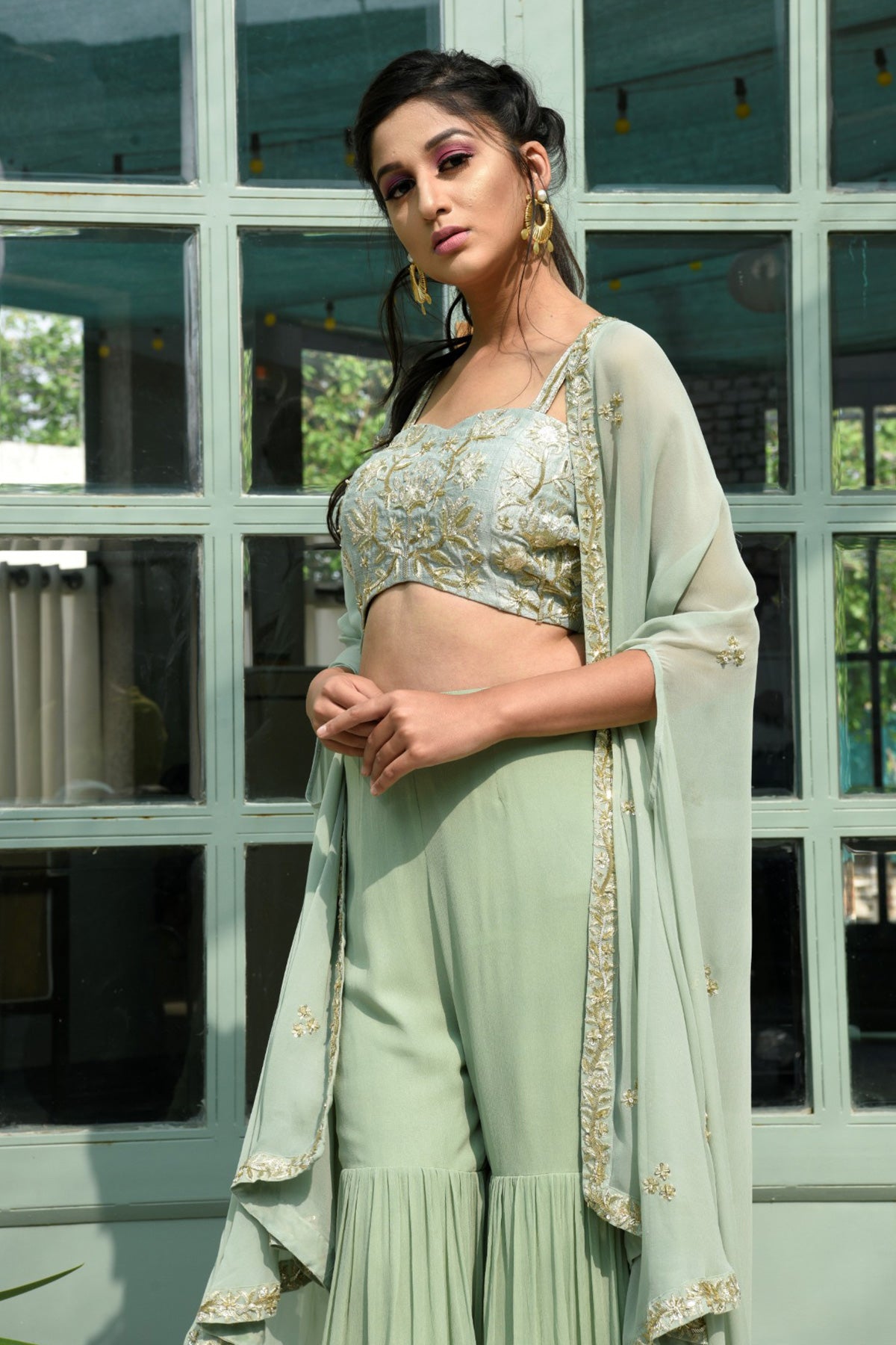Sage Green Embroidered Sharara Set With Cape