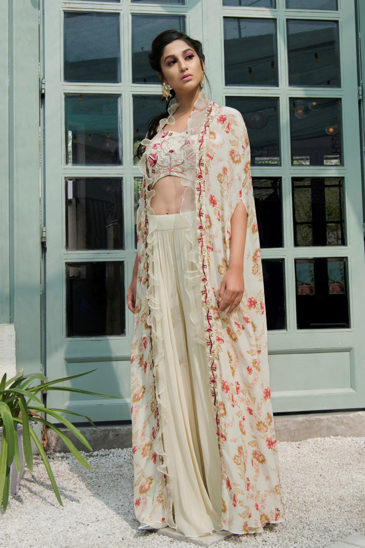 Cream Embroidered Blouse With Palazzo Pants With Cape