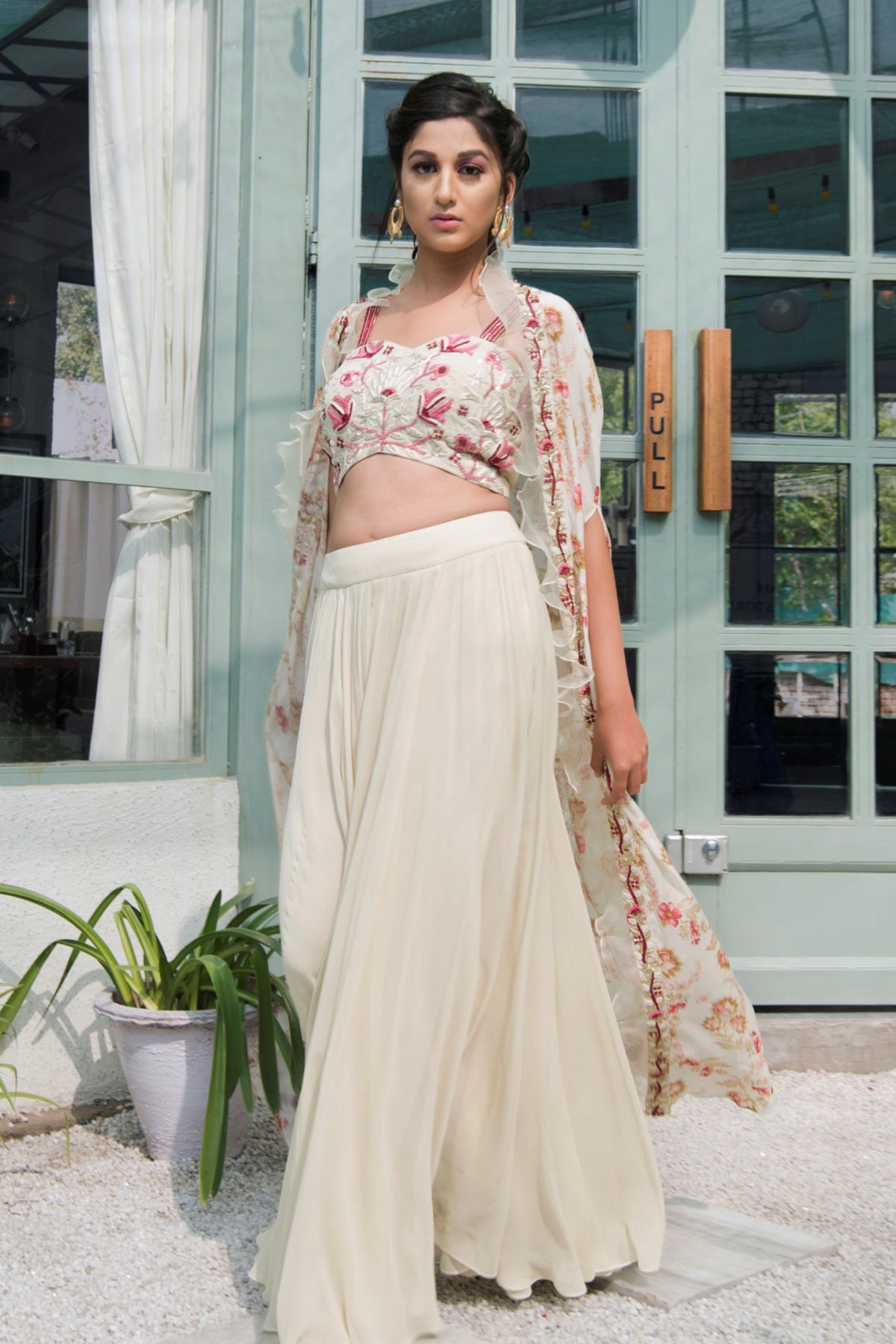 Cream Embroidered Blouse With Palazzo Pants With Cape