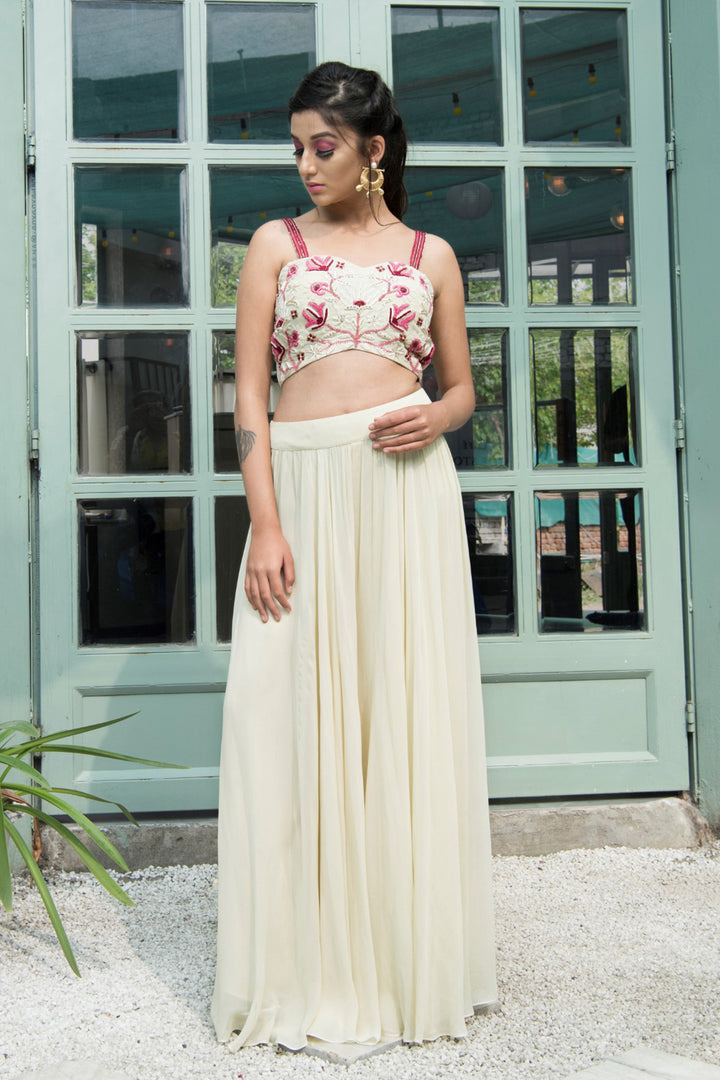 Cream Embroidered Blouse With Palazzo Pants With Cape