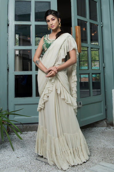 Cream Frill Saree With Green Printed Blouse
