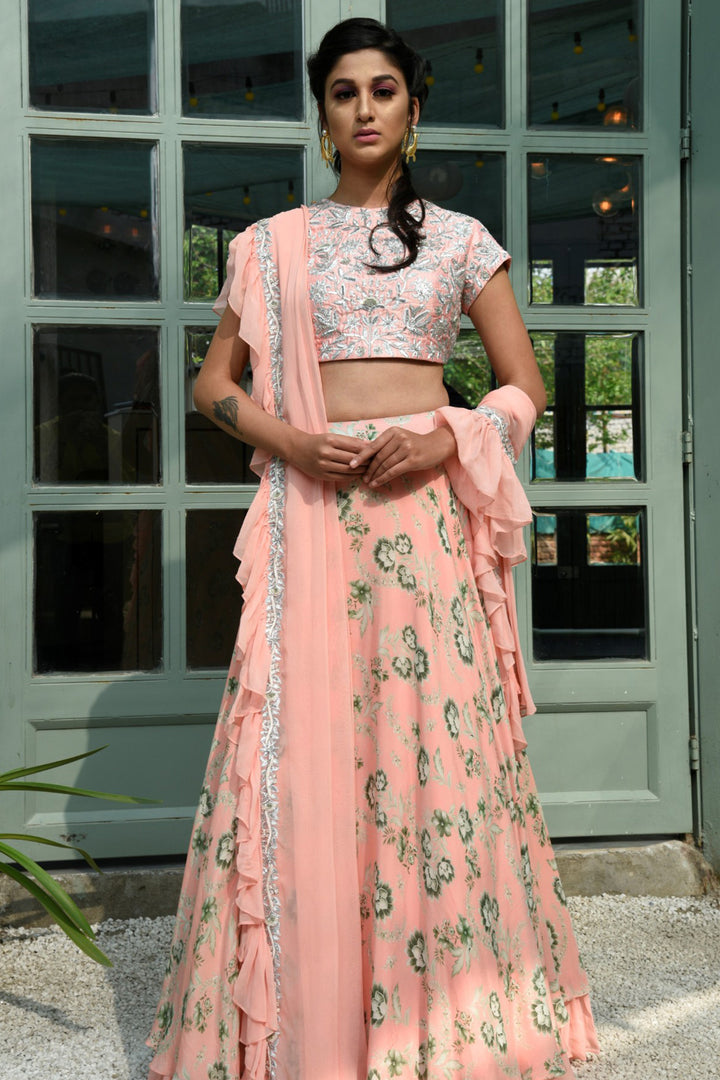 Peach Embroidered And Printed Lehenga Set