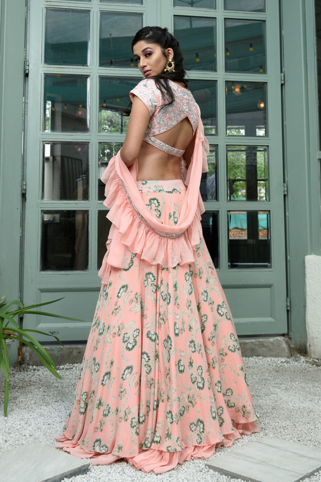 Peach Embroidered And Printed Lehenga Set