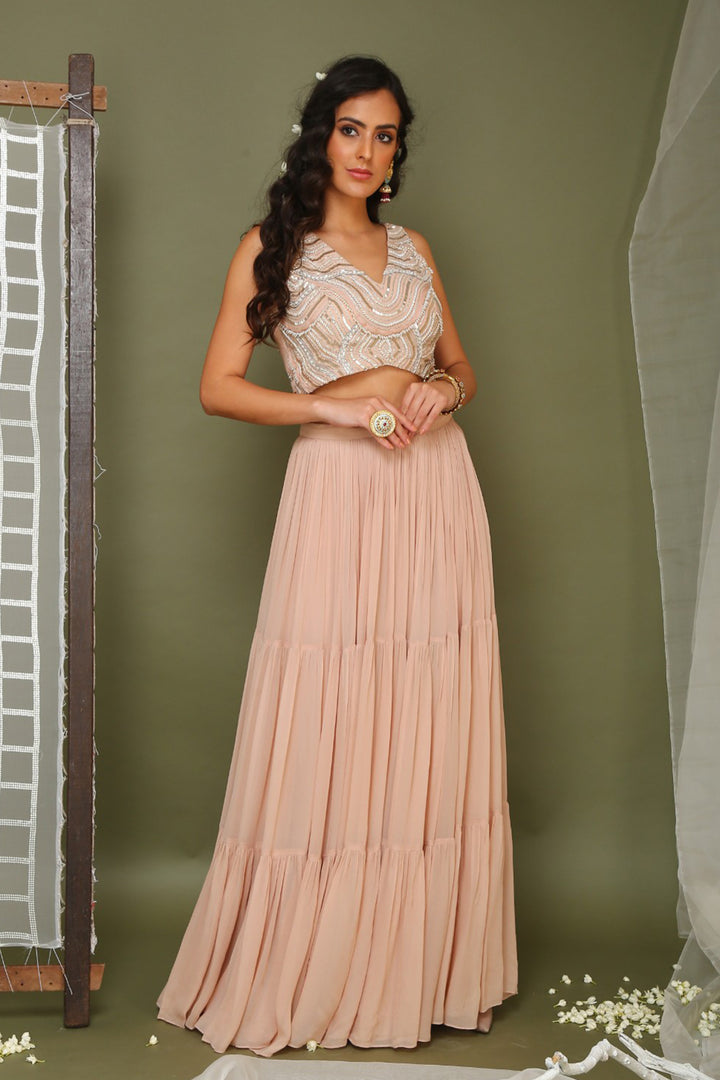 Nude Pink Lehenga Set With Ruffle Dupatta