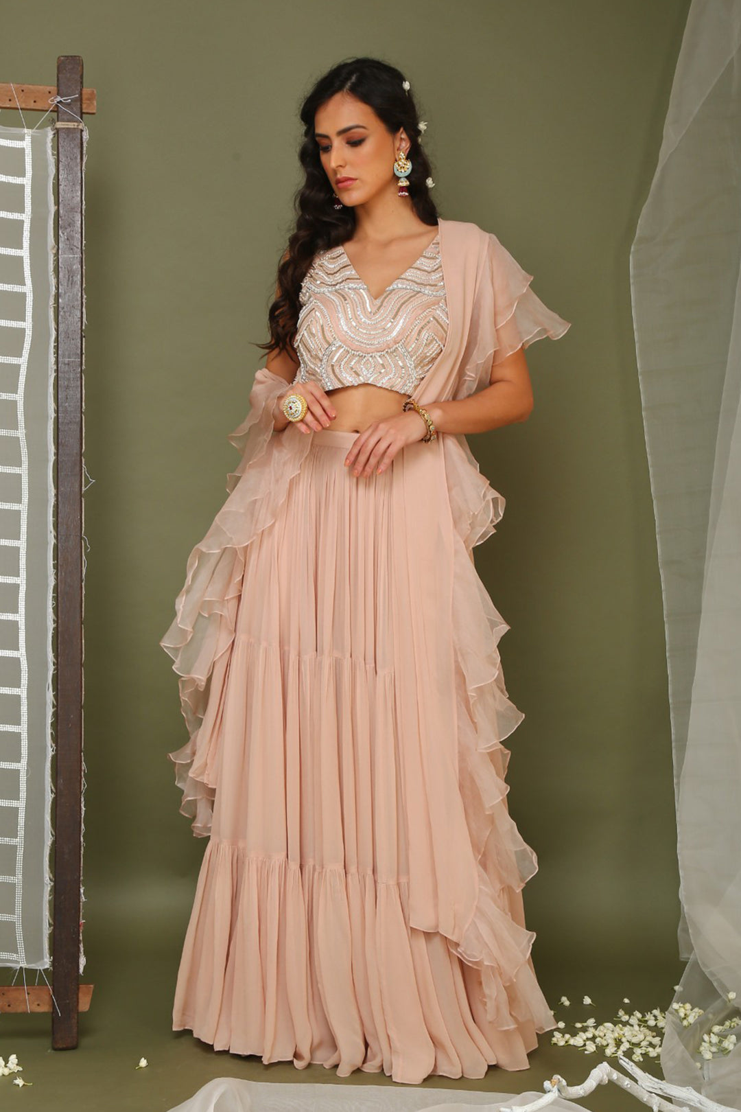 Light Pink Lehenga Set With Ruffle Dupatta