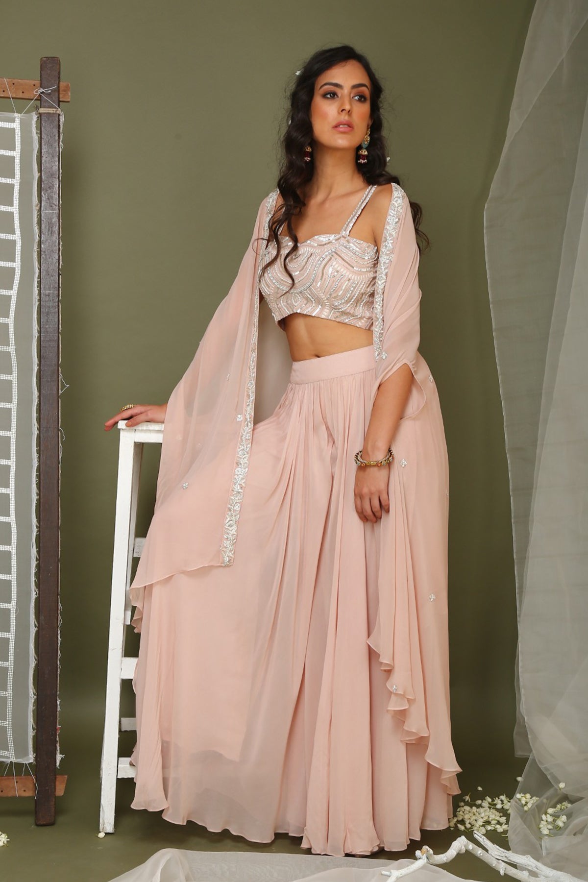 Nude Pink Palazzo With Crop Blouse And Cape