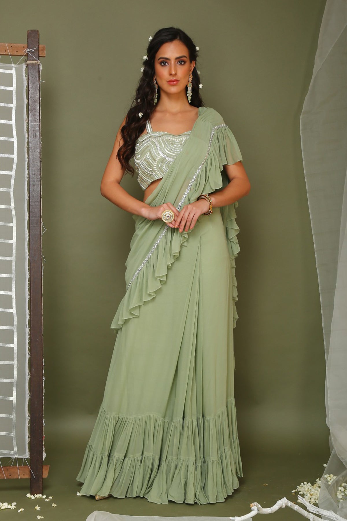 Sage Green Frill Saree With Embroidered Blouse