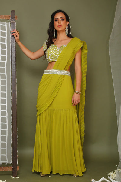 Lime Green Pre-stitched Saree With Embroidered Blouse And Belt