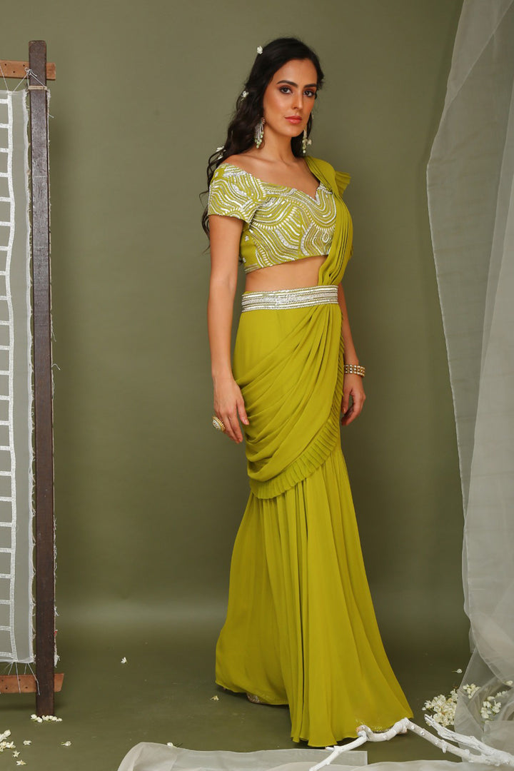 Lime Green Pre-stitched Saree With Embroidered Blouse And Belt