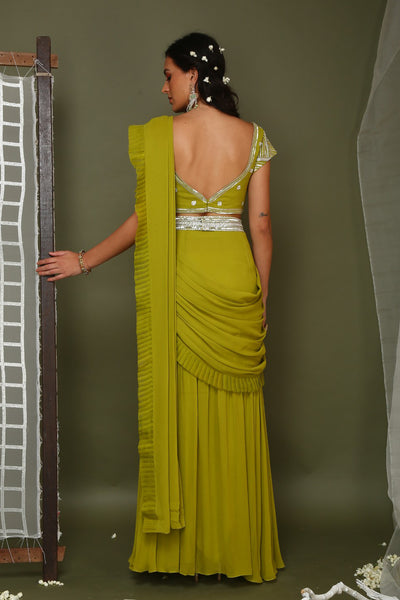 Lime Green Pre-stitched Saree With Embroidered Blouse And Belt
