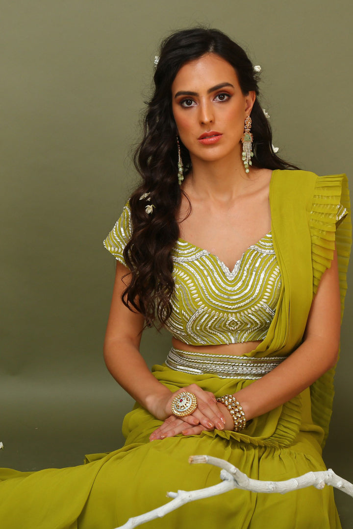 Lime Green Pre-stitched Saree With Embroidered Blouse And Belt